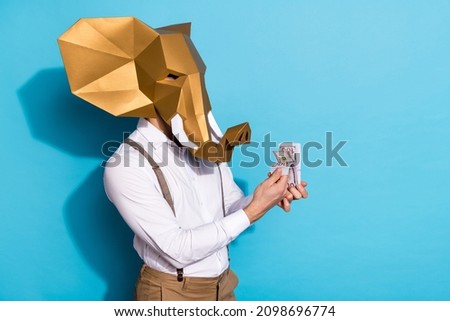 Photo of rich confident guy dressed wild animal mask counting money stack isolated blue color background