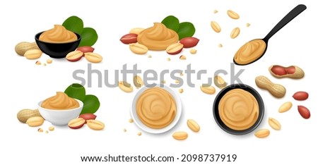 Peanut butter in black or white bowl, in spoon, with peeled and red skin kernels, groundnuts in shell, leaves isolated on white background. Top and side view. Realistic vector illustration Royalty-Free Stock Photo #2098737919
