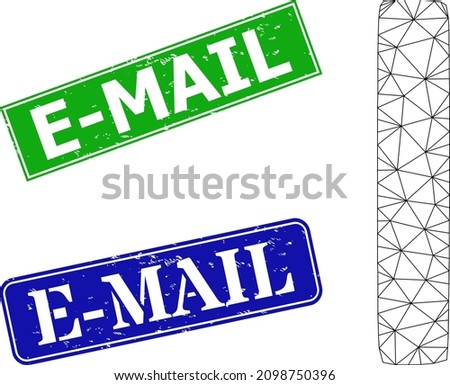 Net Iota Greek symbol model, and E-Mail blue and green rectangle corroded stamp seals. Polygonal wireframe image is created from Iota Greek symbol icon.