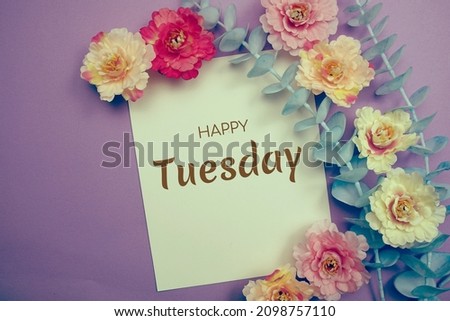 Happy Tuesday typography text and flower decorate on purple background