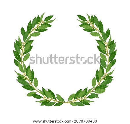 Laurel wreath. Vector illustration of a round wreath of laurel branches with green leaves isolated on a white background. Royalty-Free Stock Photo #2098780438
