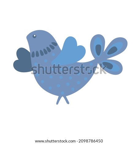 Cute little blue bird vector illustration in simple cartoon style, greeting card illustration for children