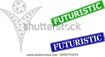 Polygonal futuristic man model, and Futuristic blue and green rectangle rubber watermarks. Polygonal carcass image is created from futuristic man pictogram.
