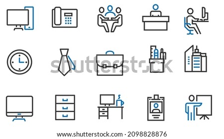 Simple Set of Office Related Vector Line Icons. Contains such Icons as Business Meeting  Workplace  Office Building  Reception Desk and more