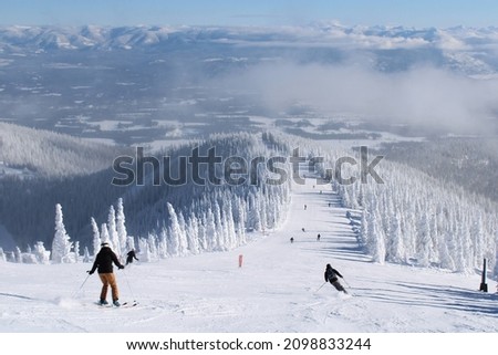 Schweitzer Mountain trail in Idaho. Very beautiful with "snow ghosts" lining the sides of the trails. First person view of a skier going down the trail.