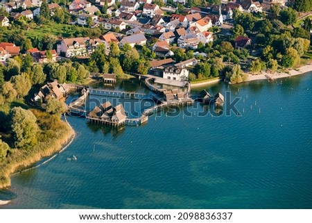 Aerial view of stilt houses, village of Unteruhldingen, Uhldingen Muhlhofen, Lake Constance, Baden-Württemberg, Germany