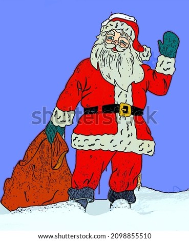 Illustration of funny Santa Claus character with sack of Christmas presents sign illustration pop-art background icon with color spots