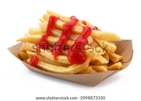 Fast Food, Golden Pile of French Fries with Ketchup in A Paper Box. Royalty-Free Stock Photo #2098873330