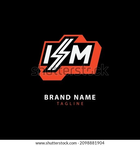 Monogram, Badge logo, Initial letters I, S, M or ISM, Modern, Sporty, white and orange color on black background