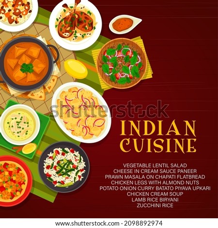 Indian cuisine vector menu cover chicken cream soup, lamb rice biryani and cheese in cream sauce paneer. Zucchini rice, potato onion curry batato piyava upkari and prawn masala on chapati flatbread Royalty-Free Stock Photo #2098892974