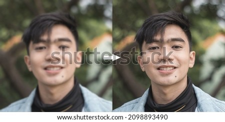 Example of AI deblurring Technology to correct an unfocused image of a young man. Before and after comparison.