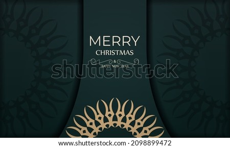 Merry christmas greeting card template in dark green color with vintage yellow pattern
