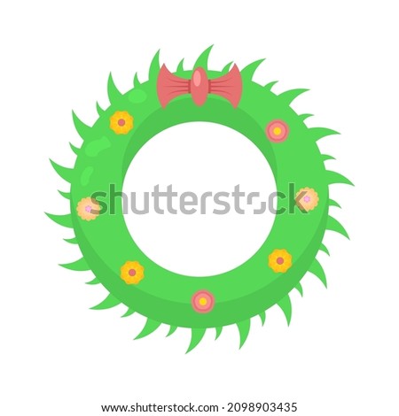 Abstract Flat Cartoon Christmas Wreath With Flowers And Bow Xmas Happy New Year Vector Design Style Element Isolated Protection Concept