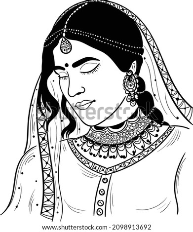 Indian wedding clip art, beautiful bride adornment Indian traditional style, black and white line drawing clip art illustration. Indian wedding symbol of bride "dulhan". 