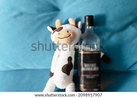 plush toy with bottle on the sofa