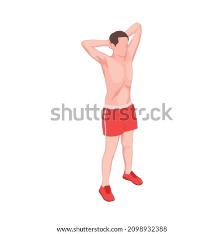 Workout isometric people composition with character of male athlete stretching his hands above head vector illustration