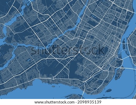 Detailed map poster of Montreal city administrative area. Cityscape panorama. Decorative graphic tourist map of Montreal territory. Royalty free vector illustration.