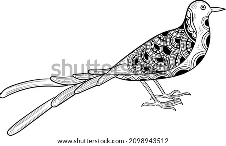 Artistic Bird Vector Illustration line drawing. Indian bird black and white clip art line drawing. Bird filled with artistic henna design illustration.