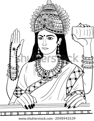Illustration goddess holy saraswati Hindu goddess giving knowledge Religious symbol of Buddhism. Vector illustration of god on a white background. Lord goddess saraswati vector clip art and line