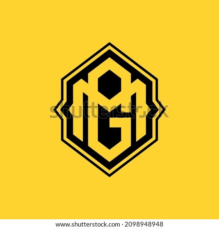 Monogram, Badge logo, Initial letters M, G, MG or GM, Interlock, Modern, Sporty, Black and Yellow Color on Yellow Background