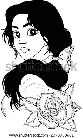 Traditional princess painting line art clip art. Black and white Indian wedding symbols Indian bride with flower creative artistic wedding clipart. Black and white women wedding line drawing.