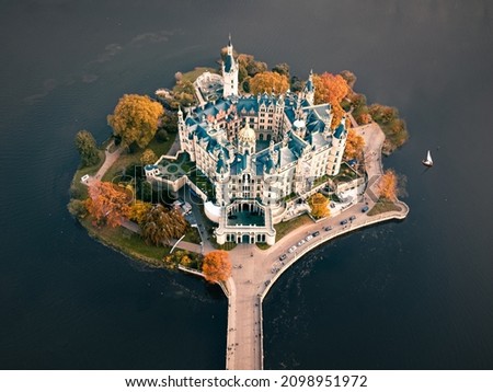The beautiful german Schweriner Schloss (Schwerin Castle) from an areal perspektiv.