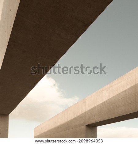 Exterior detail geometric structure fragments building. Abstract shape, minimal architectural background. Modern construction made of two large reinforced concrete blocks. Light tones. security safety