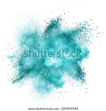 Blue powder explosion isolated on white background Royalty-Free Stock Photo #209899984