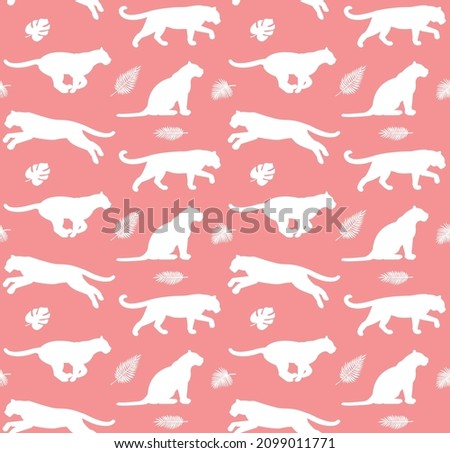 Vector seamless pattern of hand drawn flat tigers and palm leaves silhouette isolated on pink background
