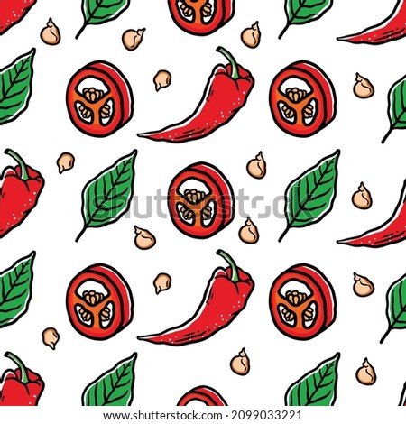 seamless pattern chili, chili seeds, chili slices and chili leaves Royalty-Free Stock Photo #2099033221