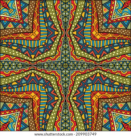 Ethnic background. Geometric square pattern. Abstract symmetric tribal ornament. Fancy multicolored texture. Arabic style carpet pattern. Vector file is EPS8, all elements are grouped by colors.