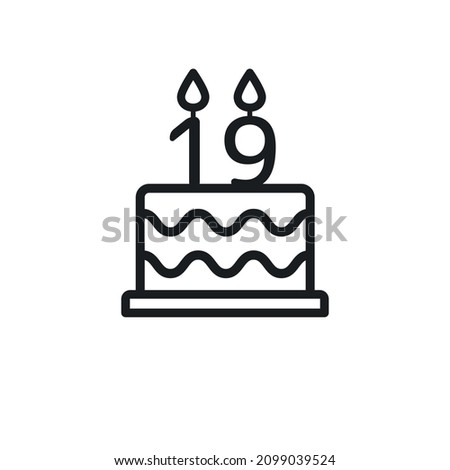 Birthday cake line icon with candle number 19. Vector.