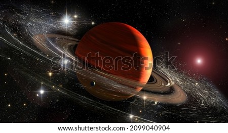 Saturn planet with rings in outer space among star dust and srars. Titan moon seen. Elements of this image furnished by NASA.