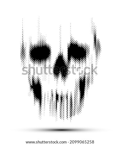 Vector dot halftone vertical motion blur smear scary skull on white background.