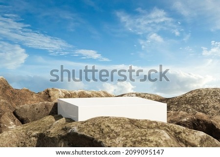 Natural podium backdrop for product display with sky background, Blank showcase mockup with natural environment, 3d studio, Cosmetics or beauty product promotion mockup, Nature pedestal with rocks