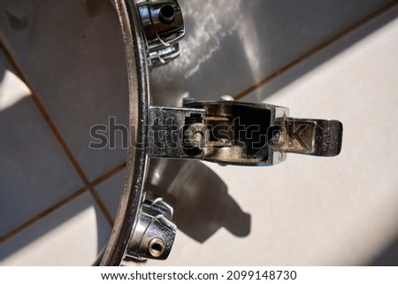 handmade metallic snare drum on floor