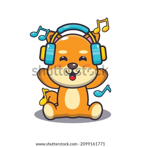 Cute shiba inu dog listening music with headphone. Cute cartoon animal illustration.