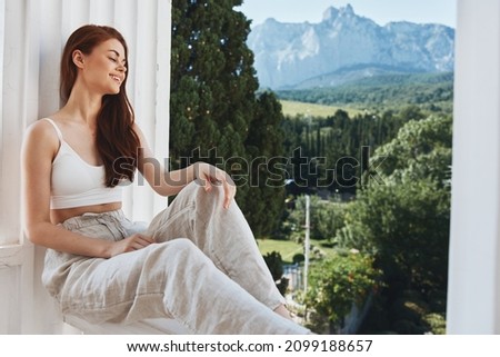 Portrait woman Terrace outdoor luxury landscape leisure Perfect sunny morning