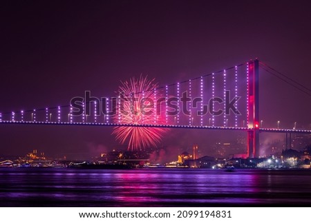 ISTANBUL, TURKEY. New Year 2022 Celebrations Around the Istanbul. Fireworks with Istanbul Bosphorus Bridge (15th July Martyrs Bridge). 
