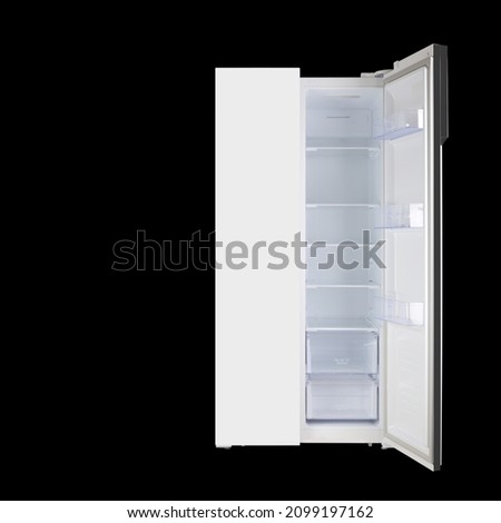 Major appliance - Front view white One open door two-door side by side refrigerator fridge on a black background. Isolated Royalty-Free Stock Photo #2099197162