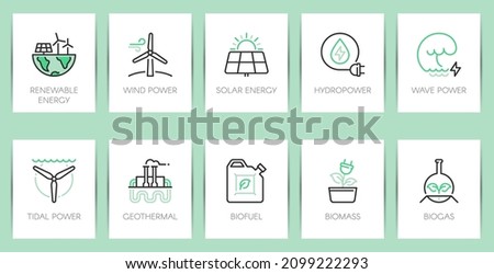 Renewable energy. Ecology concept. Web page template. Metaphors with icons such as wind power, solar energy, hydropower, wave and tidal power, geothermal, biofuel, biomass andd biogas. Royalty-Free Stock Photo #2099222293