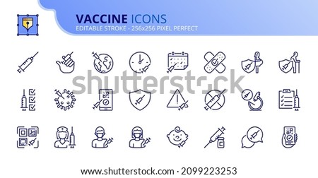 Outline icons about vaccine. Science and medicine. Contains such icons as injections, vaccination schedule, digital certificate and virus protection. Editable stroke Vector 256x256 pixel perfect Royalty-Free Stock Photo #2099223253