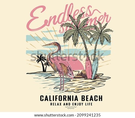 Endless summer with bird print design for t shirt print, poster, sticker, background and other uses. California beach vintage print artwork. Royalty-Free Stock Photo #2099241235