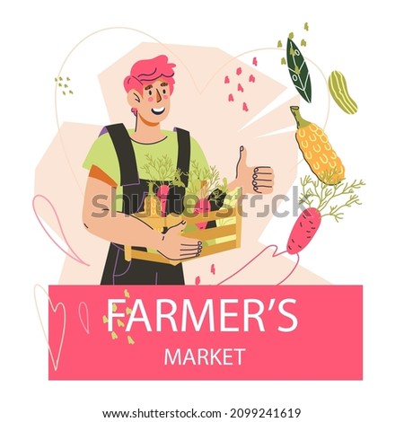 Farmers food banner or flyer template with farmer holding harvest of organic fruits and vegetables, flat cartoon vector illustration. Local farm food and vegetables.