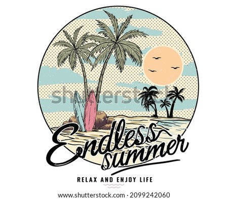 Palm tree island print design for t shirt print, poster, sticker, background and other uses. Beach vibes with surfing board vintage print design.