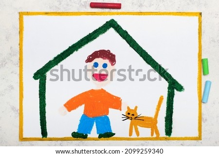 Colorful drawing: Smiling boy and his cute adopted cat standing at home