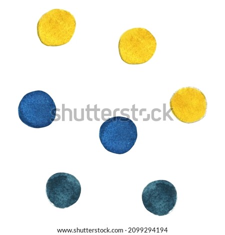 Set of Blue and Yellow Watercolor Dots Isolated on White Background.