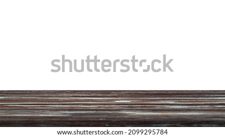 Wood table front view with blank white background for product display.