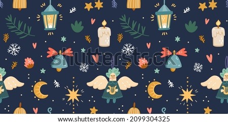 Illustration of a seamless pattern of Christmas items. Moon, stars, candle, bell, angel, branches, flashlight on a dark background. Christmas and magic theme. Simple cute style.