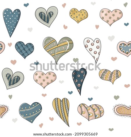 Seamless pattern of cute hearts. Valentine's Day. Design for wedding invitations and Valentine's DaySymbol of love. All objects separate. Hand-drawn. Vector illustration.